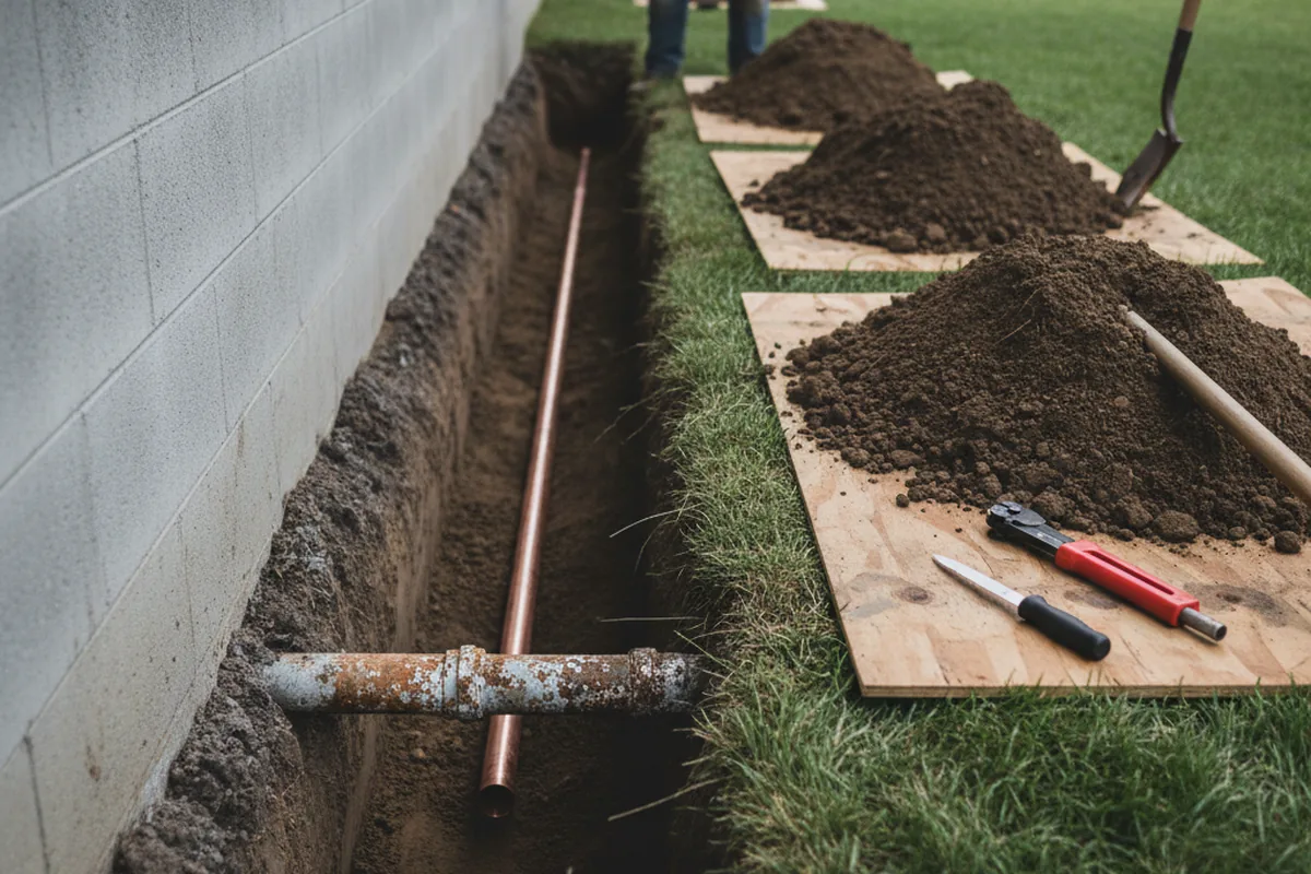 Excavated water line trench during Water Heater Repair in Scotts Hill